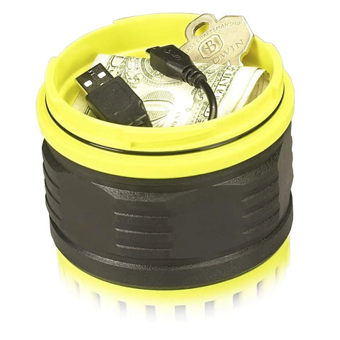 1100 Lumen Rechargeable Outdoor Hand Lantern Flashlight With 120V AC Charger And Portable USB Power Bank Yellow open compartment with USB cable and keys