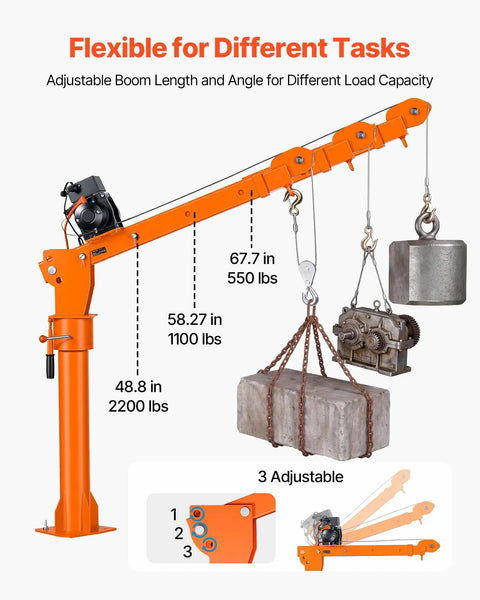 Adjustable boom lift of Heavy-Duty Pickup Truck Crane, 2200 Lb Load Capacity With 12V Electric Winch, showing load capacities.