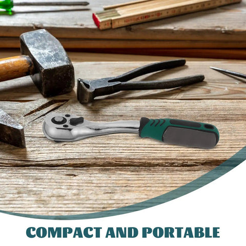Heavy Duty 10mm Quick Release Ratchet Extension Featuring 72 Tooth Reversible Head For Mechanics Seeking Straight Fire Torque And Slick As Butter Movement In Tight Garage Spots on a workbench with tools.