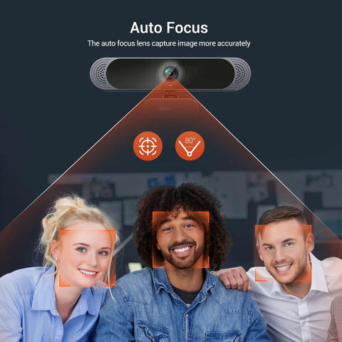 Top Shelf 4K Webcam Packs Sony Autofocus Sensor To Drop Crisp 8MP Video Built In Dual Mic And Quick Slide Privacy Shield, showing auto focus feature with three users.
