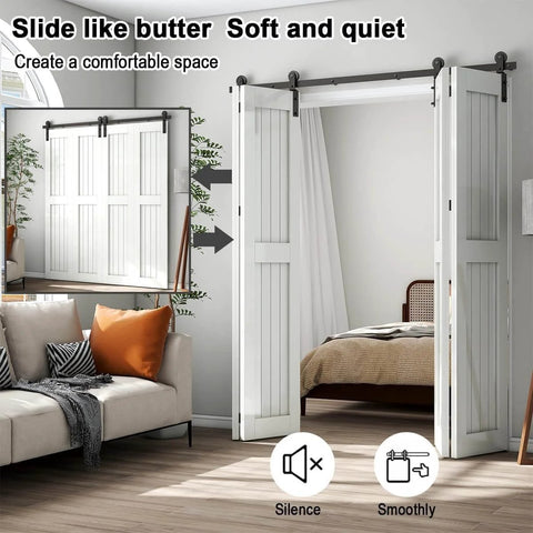 7 Foot Bi Fold Barn Door Hardware Kit For Four Doors Track System Fits Door Openings Up To Eighty Inches With Smooth Quiet Glide