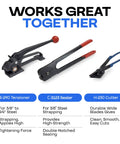 Double Notched Long-Handle Steel Strapping Sealer Crimper For 3/8 Inch Banding, Heavy-Duty Tool Built To Last For Horizontal Or Vertical Work, Heat-Treated Wear-Resistant Parts, shown with sealer, tensioner, and cutter