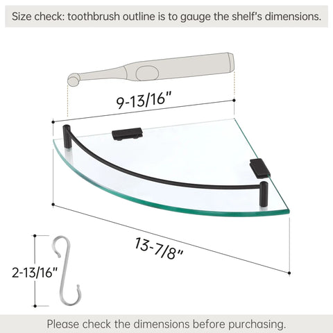 Dimensions of Tempered Glass Corner Shelf With Rail Mount Two Pack No Fuss Rustproof Matte Black Stainless Steel 304 Wall Shelf 7mm Thick Glass For Bathroom And Kitchen Easy Install