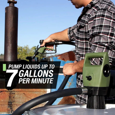 User operating a Heavy Duty Telescopic Electric Drum Pump With Extended Suction Handle For 55 To 275 Gallon Barrels AC DC Plug In Fluid Extractor.