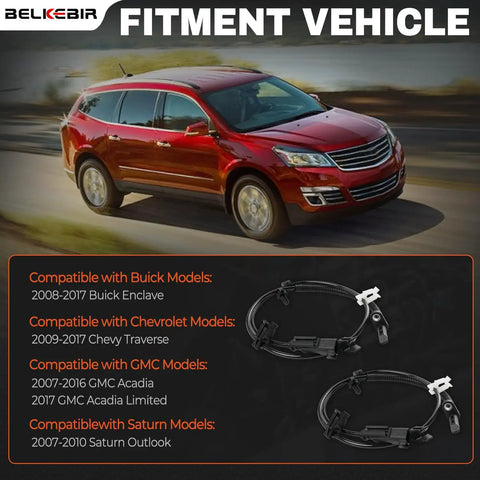 Image of a red Chevy Traverse driving on a road with compatibility details for ABS Wheel Speed Sensors, 2009-2017.