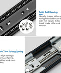 Detail of 10 Pair Heavy Duty 22 Inch Soft Close Drawer Slides showing solid ball bearings and strong spring features.
