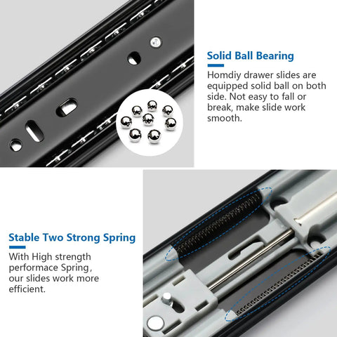 Detail of 10 Pair Heavy Duty 22 Inch Soft Close Drawer Slides showing solid ball bearings and strong spring features.