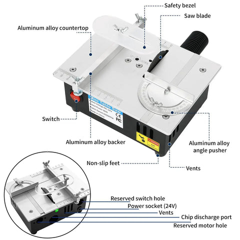 Solid Little Workhorse Compact Mini Table Saw With Variable Speed Trigger Precision Gauge And 45 Degree Bevel Cut Built Tough For Plug And Play DIY Wood And Metal Crafts Anywhere, featuring aluminum alloy components and safety features.