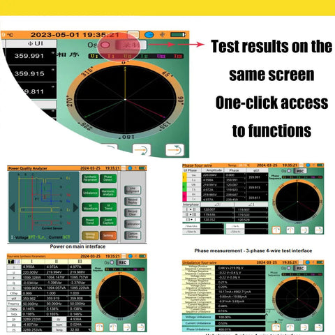 No Sweat Mini Three Phase Power Quality Analyzer With Four PC Current Clamps And Usb Logging screen interface showing test results and functions.