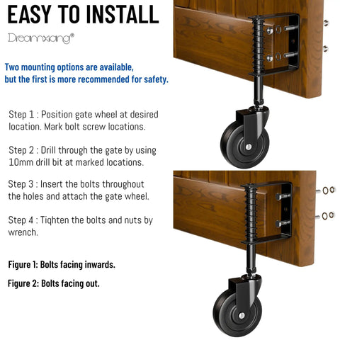Installation guide for Dreamxiang 4 Inch Gate Wheels Gate Caster 1 Pack Spring Loaded for smooth gate operation on flat or rough surfaces.