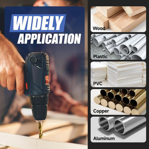 Person using drill with 13 Piece Combination Tap Set With HSS Titanium Coated Threading Taps for wood, plastic, PVC, copper, aluminum.