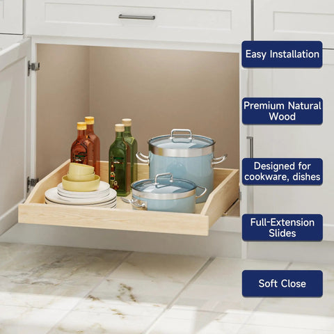 Smooth Glide Pull Out Cabinet Organizer Heavy Duty Wood Drawer Slide For Kitchen Base Cabinets And Pantry Storage With Soft Close Bottom Mount Setup Is A Total Game Changer For Your Sweet Home with bottled oils and cookware.