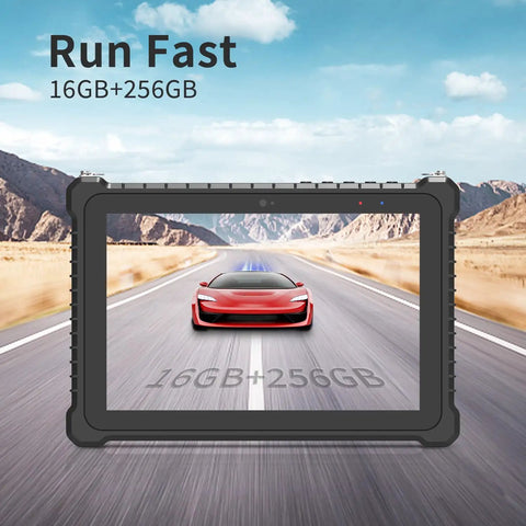 Built Like A Tank 10 1 Inch Rugged Tablet Running Windows 11 Pro Driven By Intel Core I5 Powers Through Heavy Duty Jobs Featuring IP67 Waterproof Shield And Mil Spec Drop Proof Armor For Any Terrain, displaying fast performance with 16GB+256GB on an open road.