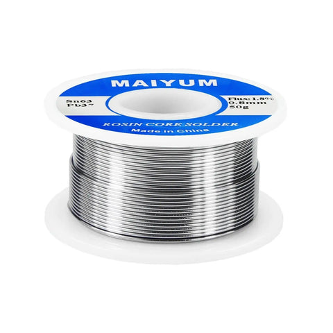 Spool of 63-37 Tin Lead Rosin Core Solder Wire for Electrical Soldering, 0.8mm Diameter, 50g with smooth metal coils visible.