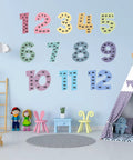 Multiplication Chart Posters For Kids Set Of 12 With Multiples From 1 To 12 displayed on a blue wall in children's room.