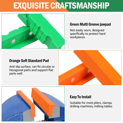Pro Level Knockout Magnetic Vise Jaw Pads 2 Pack features green multi groove and orange soft pads for protection and stability.