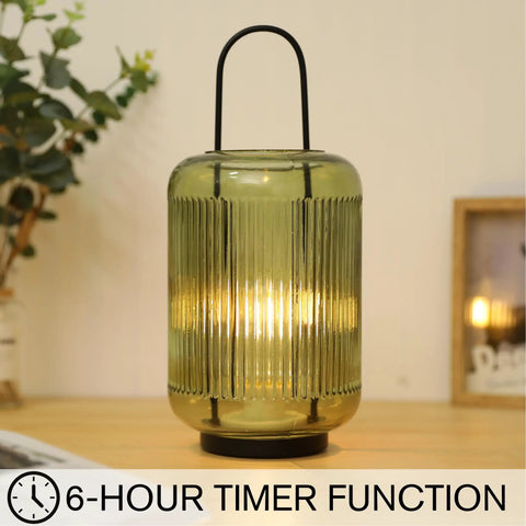 Amber green glass Battery Powered Table Lamp Cordless LED Lantern with handle, 6-hour timer, on tabletop indoors