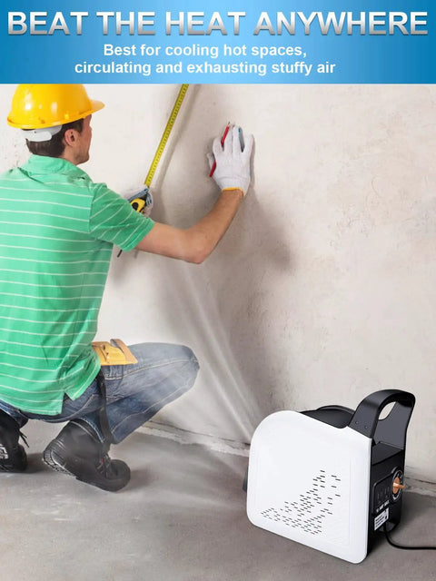 Person using air mover blower fan for floor drying and cooling at home job site garage or shop with three speeds portable utility fan