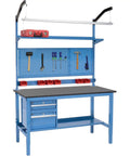 Hardcore Heavy Duty Workbench 60X36 Inches With Adjustable Steel Legs And Tough Phenolic Resin Safety Edge Drops Serious Garage Muscle For Weekend Builders In Blue with tool storage.