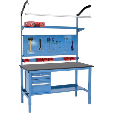 Hardcore Heavy Duty Workbench 60X36 Inches With Adjustable Steel Legs And Tough Phenolic Resin Safety Edge Drops Serious Garage Muscle For Weekend Builders In Blue with tool storage.