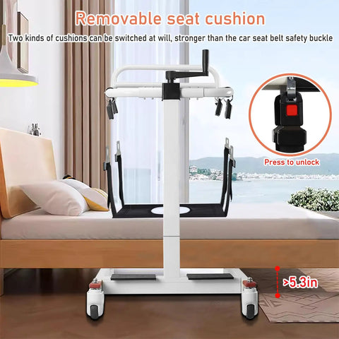 Heavy Duty Patient Lift Transfer Chair With Easy Hand Crank For Smooth Bed To Wheelchair Moves showing removable seat cushion and sturdy design.