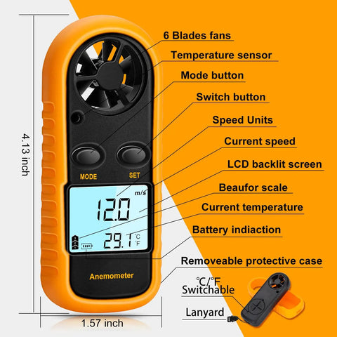 Handheld Anemometer Wind Meter With Temperature Readout, Lightweight Digital Wind Speed Gauge For Outdoors, Measures Maximum, Average And Current Wind Speed In MPH, Meters Per Second, Kilometers Per Hour, Feet Per Minute, Knots, And Wind Chill. Orange and black 4.13-inch device with LCD display.