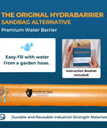 Beefy Lightweight Reusable Flood Barrier Kit 6 Foot Long 6 Inch High Water Diversion Wall showing easy-fill feature and booklet