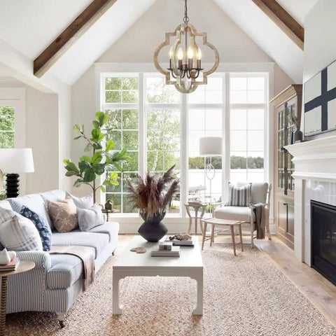 Orb 4 Light Farmhouse Chandelier With Handmade Wood Frame, Bronze And Walnut Finish in a cozy living room setting