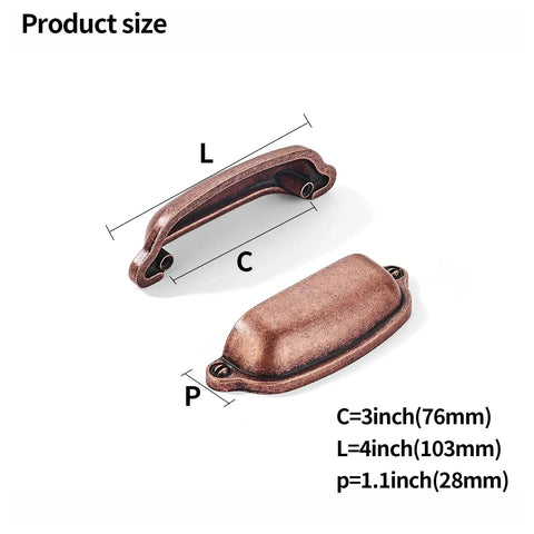 Premium 10 Pack Antique Copper Cup Pulls sizing diagram showing dimensions L, C, P for cabinet handles in solid zinc alloy.