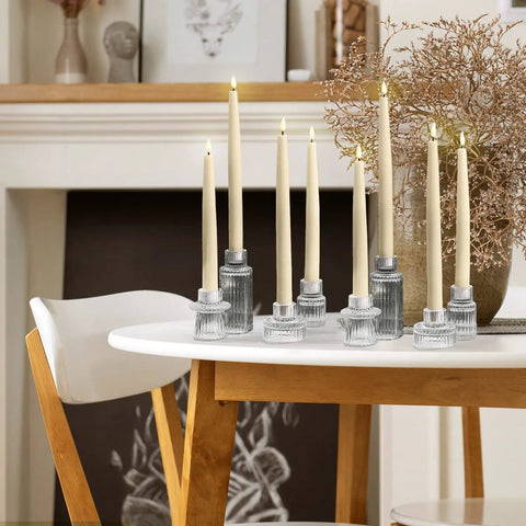 Flameless Taper Candles Set With Realistic 3D Flame And Wick, 9-Inch Ivory Wax LED Candles, 10 Pack on modern table centerpiece