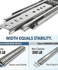 Beefy 76mm heavy duty drawer slides with 500lb capacity, full extension ball bearing tracks showing comparison with 53mm standard slides.