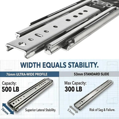 Beefy 76mm heavy duty drawer slides with 500lb capacity, full extension ball bearing tracks showing comparison with 53mm standard slides.