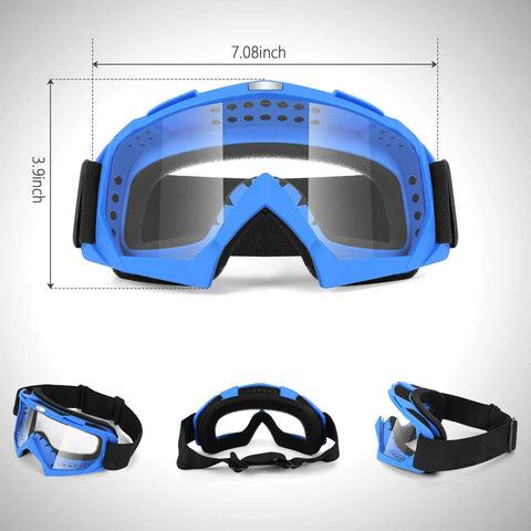 Heavy Duty 2 Pack Tactical Security Eyewear With Quick Snap Lenses For Operating Lawnmowers Dirtbikes Atv Vehicles DIY Workshops And Nerf Match Play Boss Level No Crack Shatter Resistant Sight Guard Shades Blue And Red, shown in blue with dimensions.