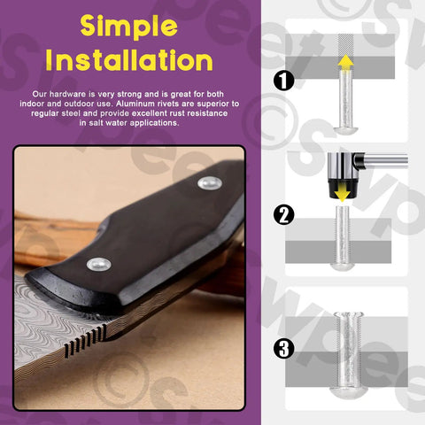 Easy installation guide for 300 Pack Aluminum Rivets Set M4 M5 M6 with brazier head for boat repair, aircraft, armor builds.