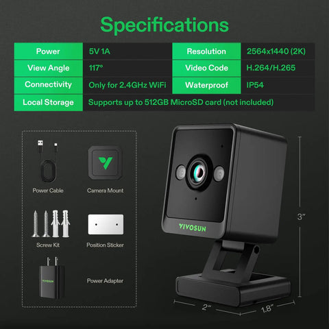 2K QHD Smart Grow Camera For Indoor Tents And Grow Boxes With 2.4GHz WiFi Real-Time App Control Timelapse, specifications shown