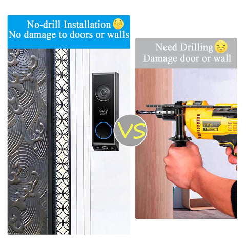 Comparison of no-drill video doorbell installation with Eufy E340 C31 and traditional drilling method on wall.