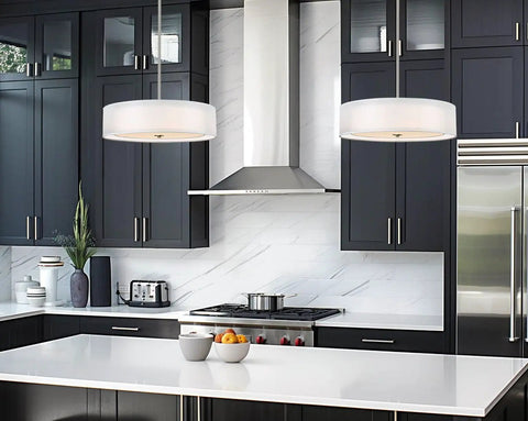 Cool Lindos 20 Inch Modern Double Drum Pendant Light Three Light Chandelier With Sheer Outer Shade Over White Inner Fabric Shade Brushed Nickel Finish Ceiling Fixture For Living Room Or Dining Area in modern kitchen.