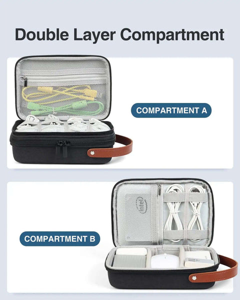 Road Ready Double Layer Tech Organizer Case With Reinforced Hard Shell Design showing double compartments for cables and gadgets.