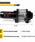 Dimensions of Top Tier 4500Lbs Electric Winch With Heavy Duty Steel Cable and Wired Remote Control, measuring 12.44x4.72x4.17 inches.