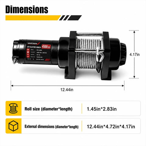 Dimensions of Top Tier 4500Lbs Electric Winch With Heavy Duty Steel Cable and Wired Remote Control, measuring 12.44x4.72x4.17 inches.