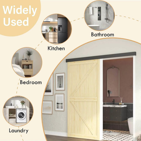 8 Foot Sliding Barn Door Hardware Kit With Low Clearance Aluminum Box Rail For Wooden Interior Barn Doors Quiet Slick Sliding Track Easy To Install Black installed in bathroom