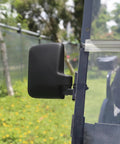 Close-up of Universal Folding Golf Cart Side Mirror With No Drill Install Roof Bracket on golf cart