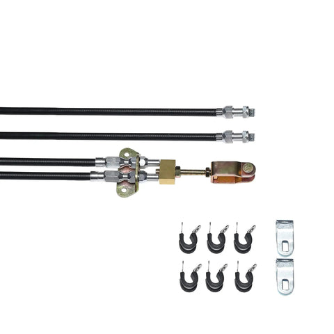 Universal Emergency Parking Brake Cable Kit With Hella Tough Corrosion Resistant Sheath And 110 Inch Reach showing cables and fittings.
