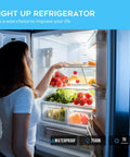 Woman opening fridge illuminated by Five Pack LED Refrigerator Bulb Replacement Light For Appliances Waterproof No Cover Included.
