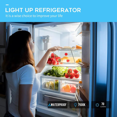 Woman opening fridge illuminated by Five Pack LED Refrigerator Bulb Replacement Light For Appliances Waterproof No Cover Included.