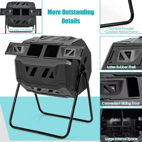 Front view of 43 Gallon 163L Dual Chamber Compost Tumbler With Sliding Doors And Stable Metal Frame, black, outdoor garden bin.