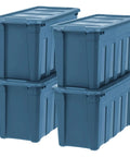 Four navy 31 Gallon Storage Totes 8 Pack Built Like A Tank Heavy Duty Stackable Bins With Snap On Lids.