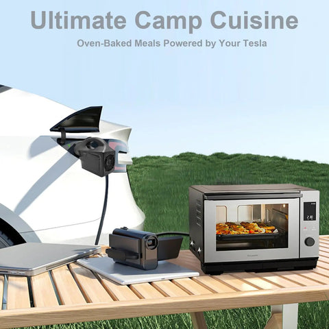 2KW NACS EV V2L Power Adapter Delivers Serious Campsite Juice To Your Cybertruck With A Simple Plug Setup powering a portable oven.