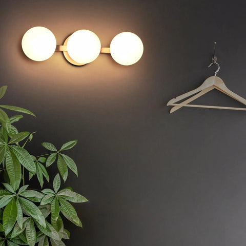 Modern 3 Light Globe Vanity Light Fixture Brushed Nickel Wall Mount Sconce For Bathroom Mirror Cabinets Hallway And Stairs With Opal Glass Diffused Globe Shades mounted on wall