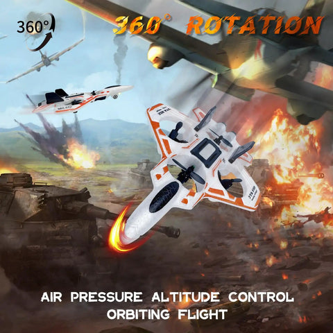 No Assembly RC Fighter Plane For Kids With Auto Hover flying over a battlefield, showing foam lightweight design and cool lights.